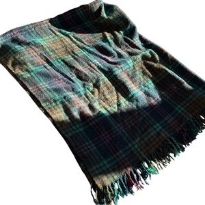 Highland Scottish Wool Blanket Stadium Throw 67”X 58” Tartan Plaid W/ Fringe VTG
